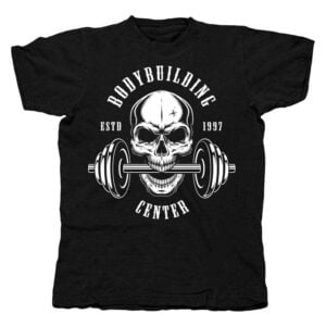 Bodybuilding Center Skull Dumbbell Fitness T Shirt