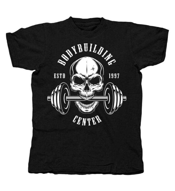 Bodybuilding Center Skull Dumbbell Fitness T Shirt