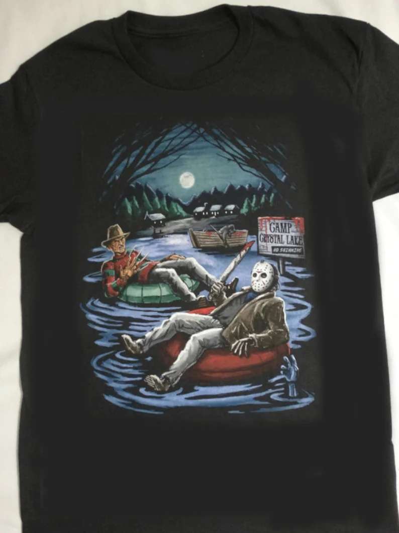 Wanjirong Men Sweatshirts Freddy Krueger&Jason On Pool Floaties Print Longsleeve Shirts 