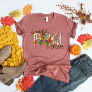 Grateful Thankful Blessed with Turkey Thanksgiving T Shirt