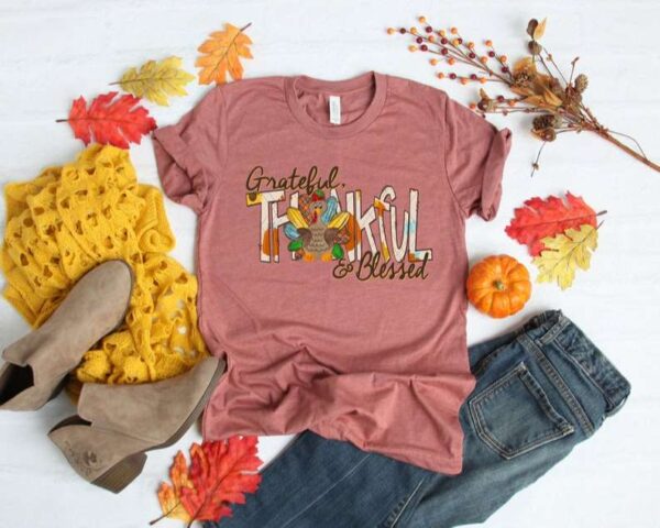 Grateful Thankful Blessed with Turkey Thanksgiving T Shirt