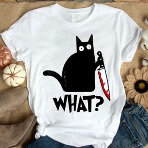 Cat What Funny Black Cat Murderous Cat With Knife T Shirt