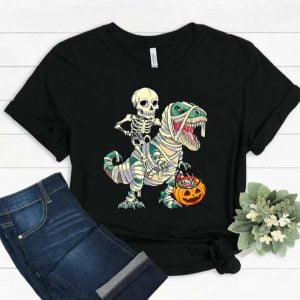 Skeleton Riding Mummy Dinosaur T Rex Halloween T Shirt