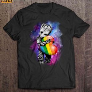 Baby Groot Hugging Rainbow Heart Short Sleeve T Shirt