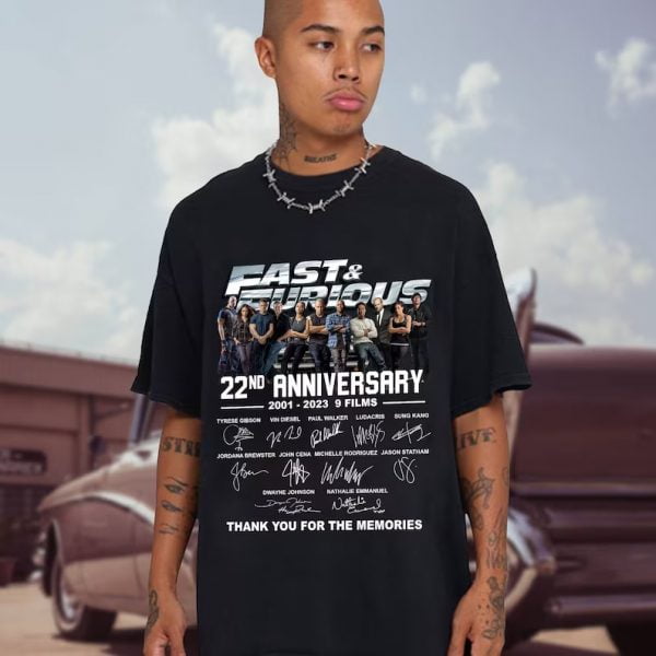 Fast and Furious 22nd Anniversary 2001 2023 Signatures Thank You For The Memories T Shirt