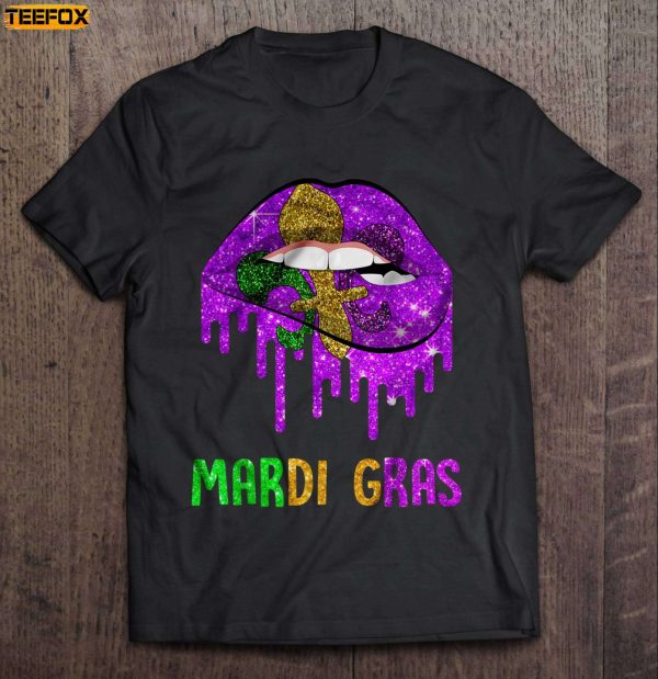 Mardi Gras Lip Biting Short Sleeve T Shirt